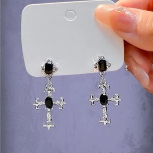 SILVER Cross Rhinestone Drop Earrings